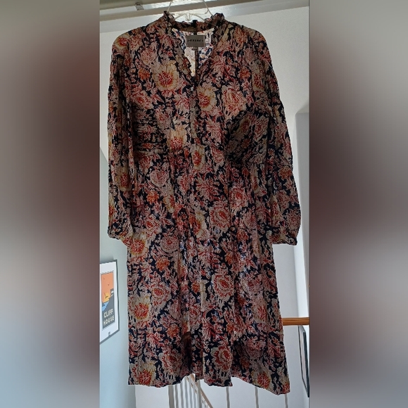 Antik Batik M/40 Navy Andre Dress 100% Cotton Long Sleeve Buttons Ruffles - Picture 3 of 16